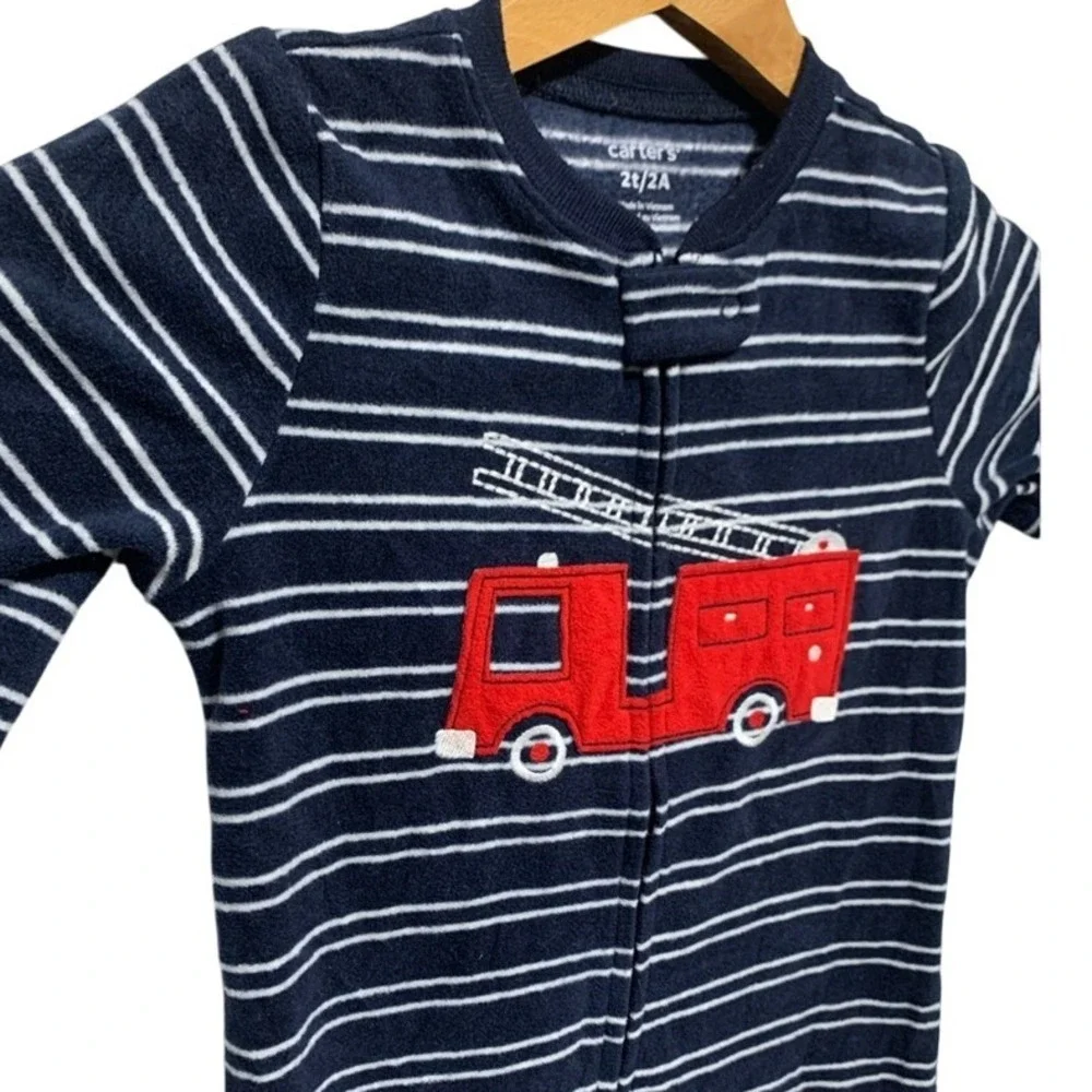 Carters Navy‎ White Stripe Fire Truck Footie Pajamas Sleepwear Baby Toddler 2T